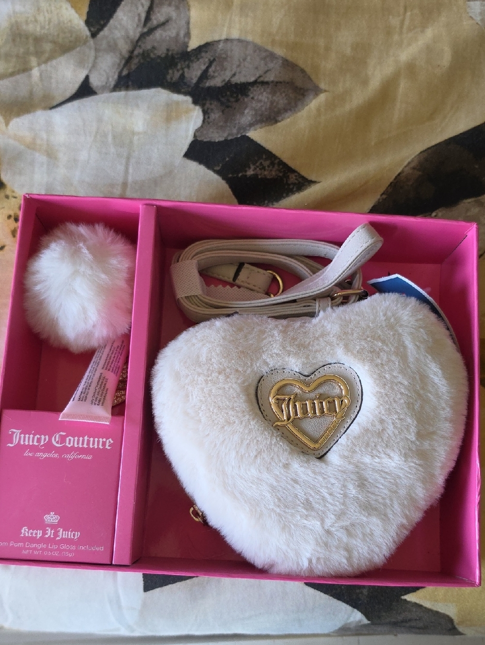 Juicy Couture Cream Faux Fur Heart Mini Crossbody with Gold Logo